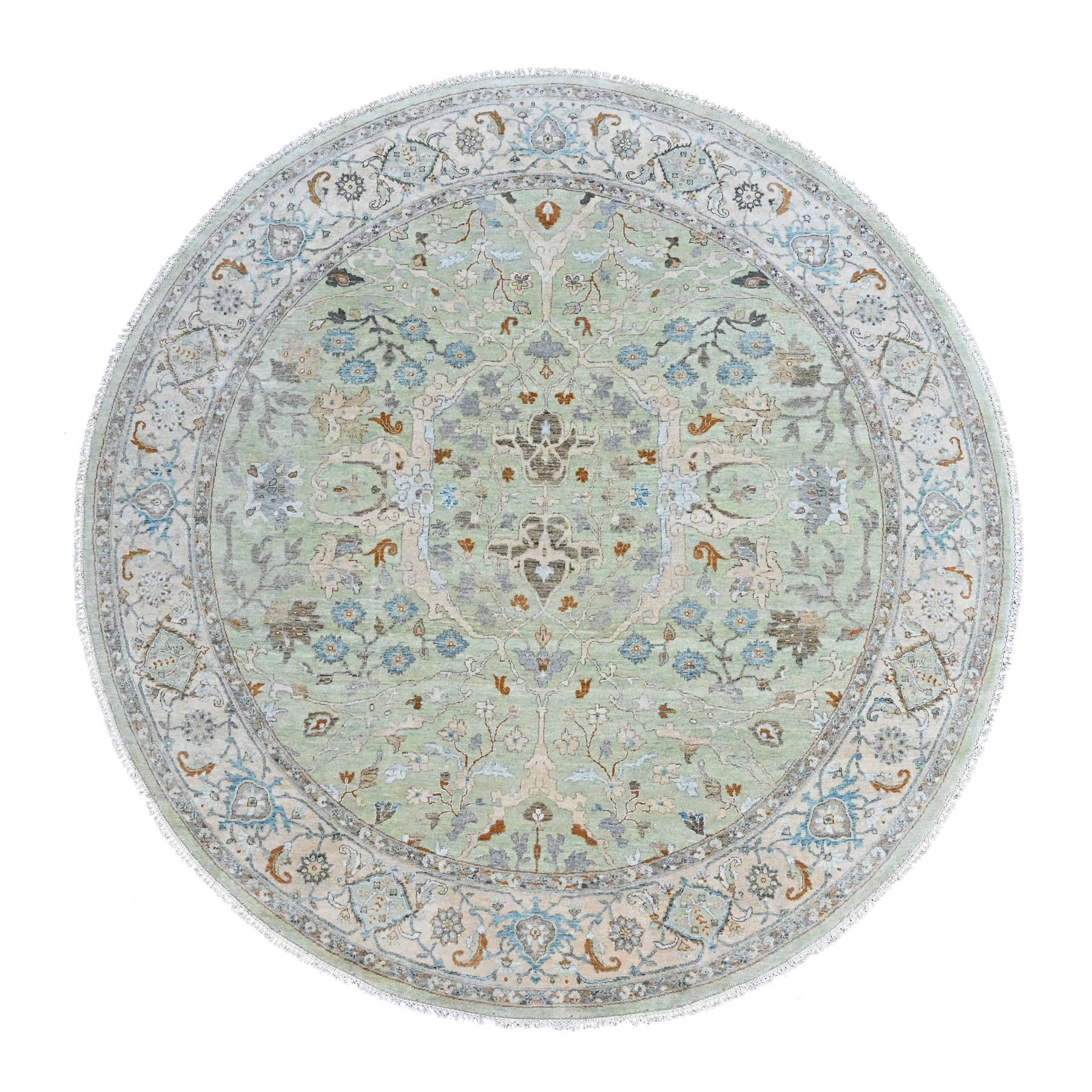 10'x10' Pistachio Green, Oushak with Floral Motifs, Hand Knotted, Pure Wool, Soft Pile, Denser Weave, Round, Oriental Rug 